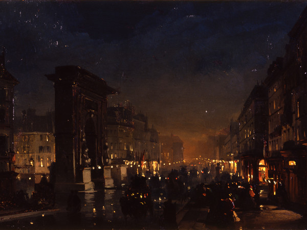 Ippolito Caffi, Parigi: boulevard et porte Saint Denis, 1855, Olio su cartoncino intelato,  51 x 32,6 cm, Firmato e datato: Caffi 1855