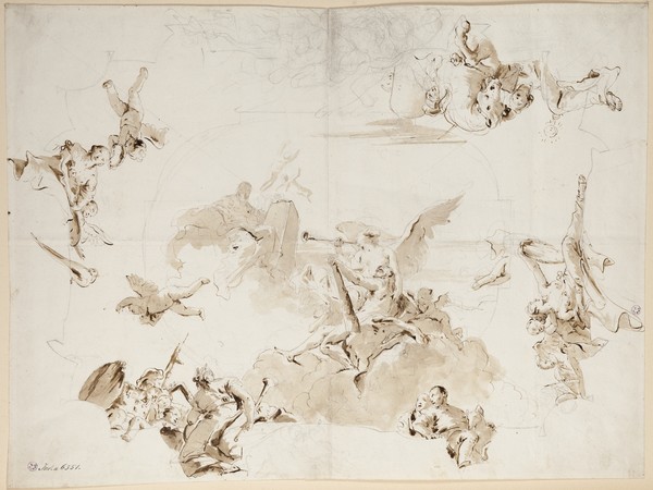 Giambattista Tiepolo, Apoteosi di Ercole (studio per il soffitto del salone da ballo di palazzo Canossa a Verona), penna e inchiostro grigio-bruno, inchiostro diluito, tracce di grafite, mm 440x593. Firenze, Museo Horne