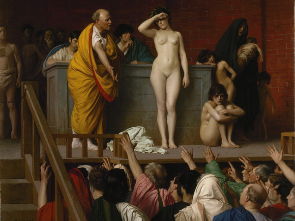 Jean-Léon Gérôme, Vendita di una schiava a Roma, 1884 circa, Olio su tela, 92 х 74 cm, Museo Statale Ermitage, e San Pietroburgo | 