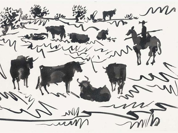 Pablo Picasso, Tauromaquia, 1959, 27 opere, Acquatinta allo zucchero e puntasecca, 35,5 x 50 cm, 263 esemplari pubblicati a Parigi dall’atelier di Roger Lacourière, questa serie è appartenuta allo stampatore dell’opera ed è composta di 28 incisioni anziché delle solite 26, in quanto le tavole Picadores I e Picadores II furono riservate su testa dell’opera ed alle 12 suites su carta perlata Moli - Vell de Guarro | Courtesy Palazzo Vistarino, 