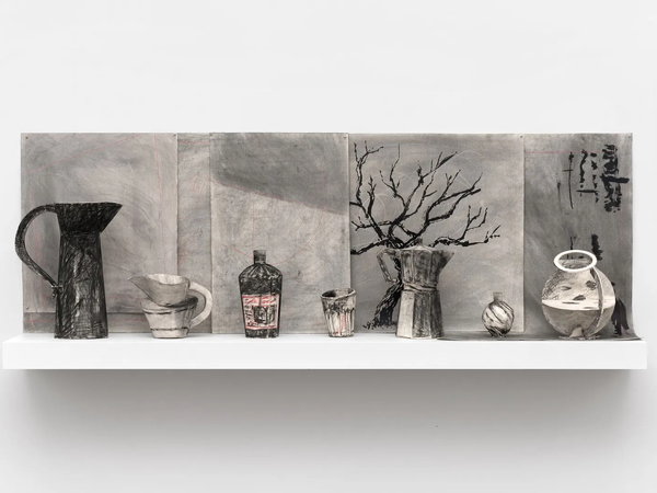 William Kentridge, Morandi sculpture set, 2025 Cardboard, foamcore, paper, charcoal, indian ink and coloured pencil, 7 vessels, 5 drawings - Courtesy the artist and hauser & wirth.