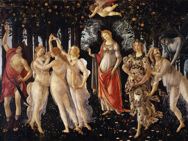 Sandro Botticelli, Primavera, 1477-1482, Tempera su tavola, 2.03 × 3.14 m, Firenze, Galleria degli Uffizi