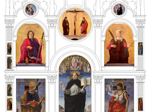 Ricostruzione del Polittico Griffoni di Francesco del Cossa ed Ercole de’ Roberti, Da Cecilia Cavalca, La pala d’altare a Bologna nel Rinascimento. Opere, artisti e città. 1450-1500, Cinisello Balsamo, Silvana Editoriale 2013, p. 266 | Courtesy Cecilia Cavalca e Silvana Editoriale Spa