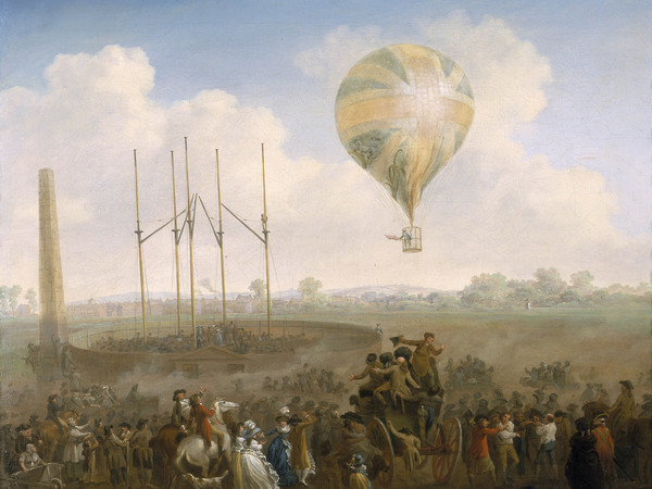 Julius Caesar Ibbetson, L’ascesa della mongolfiera Lunardi da St. George’s Fields il 29 giugno 1785, 1788-1790, olio su tela, 50 x 60,6 cm