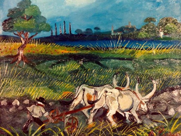 Antonio Ligabue, Aratura con buoi, 1950-55, olio su faesite, 46 x 44 cm.