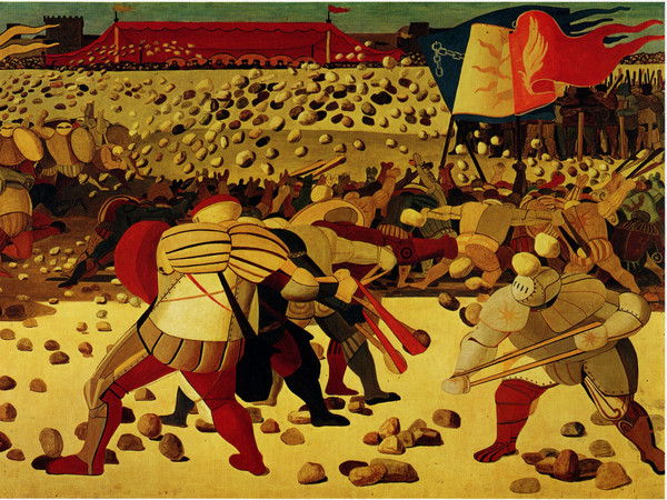 Salvatore Fiume, La battaglia dei sassi, anni ’49 – ’52, olio su tela, 170x300 cm