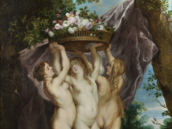Jan Brueghel il Giovane e Frans Wouters, Le Tre Grazie con un cesto di fiori, 1635 ca., Olio su rame, 34.7x47 cm | Courtesy of Caretto & Occhinegro, Torino