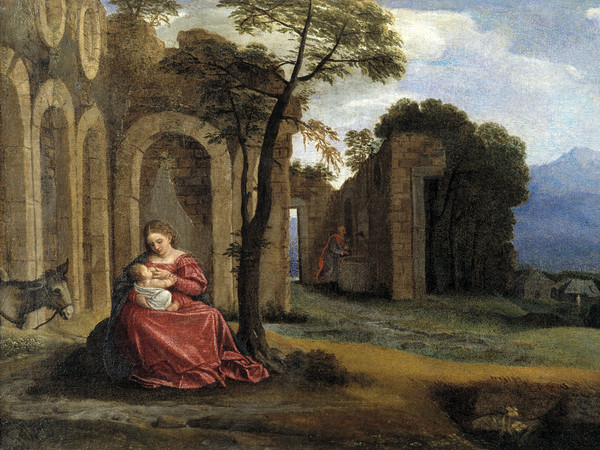 Giovan Girolamo Savoldo, Riposo durante la fuga in Egitto, olio su tela, 30 x 40 cm. Brescia, collezione Ubi Banco di Brescia.