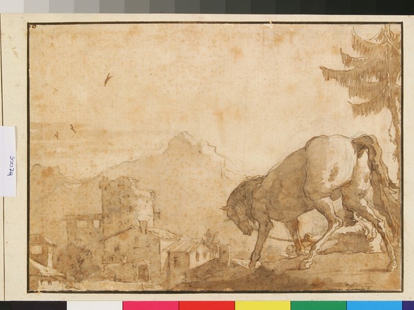 Giandomenico Tiepolo, Cavallo in un paesaggio con edifici, penna e inchiostro bruno, inchiostro diluito bruno, debole traccia di grafite, mm 190x265. Venezia, Fondazione Giorgio Cini, Collezione Fiocco