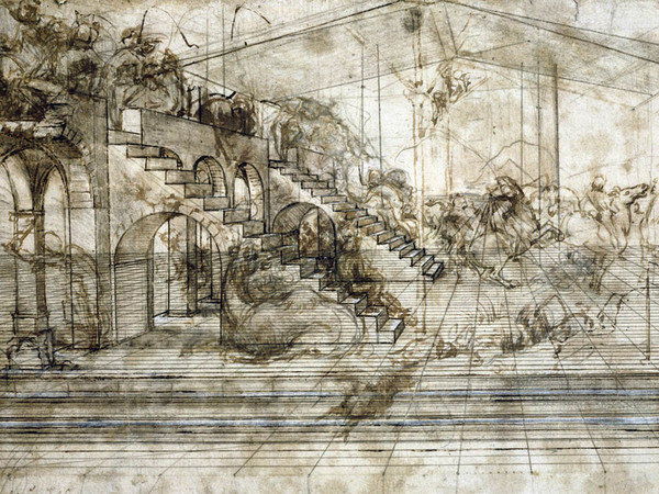 Leonardo da Vinci, Scenario architettonico e rissa di cavalieri (studio prospettico per l’Adorazione dei Magi), 1481 circa. Penna e inchiostro ferrogallico, pennello e inchiostro ferrogallico diluito, tracce di punta metallica, lumeggiature a biacca (carbonato basico di piombo) parzialmente ossidata, stilo e compasso su carta preparata color bruno chiaro, 164 ✕ 290 mm. Firenze, Gabinetto Disegni e Stampe degli Uffizi