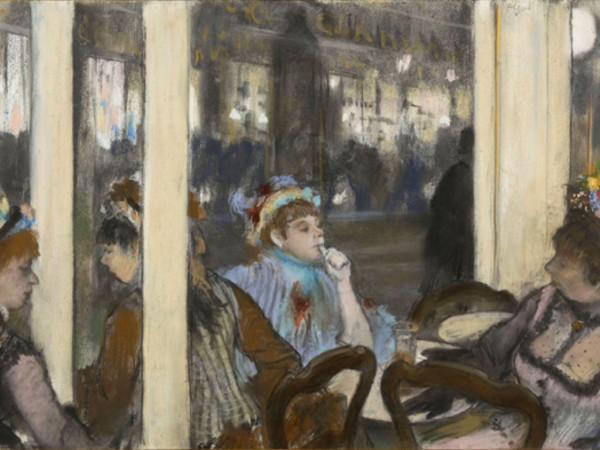 Donne fuori da un caffè la sera, 1877 monotipo ripassato a pastello; 41x60 cm 