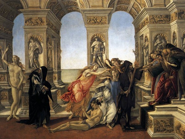 Sandro Botticelli, La Calunnia, 1494-1495, Tempera su tavola, 62 x 91 cm, Galleria degli Uffizi, Firenze | Courtesy of Wikimedia Commons Web Gallery of Art