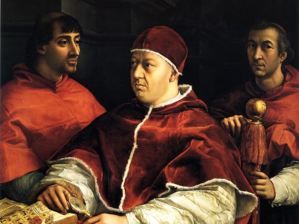 Raffaello Sanzio, Ritratto di Leone X con i cardinali Giulio de' Medici e Luigi de' Rossi, 1518. Olio su tavola, cm 155,2×118,9. Galleria degli Uffizi, Firenze