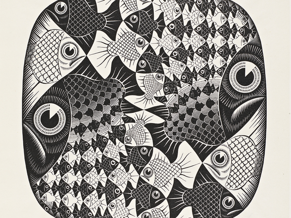 M.C. Escher, Pesci e squame, 1959, xilografia, cm. 47,8x45,2. L'Aja, Kunstmuseum Den Haag 