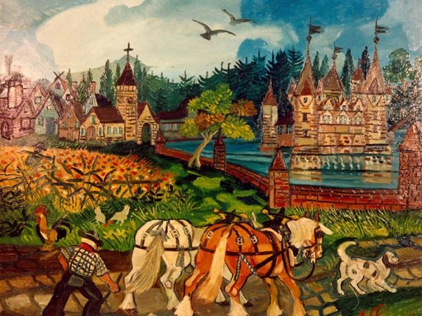 Antonio Ligabue, Ritorno dai campi con castello, 1950-55, olio su faesite, 77 x 93 cm.