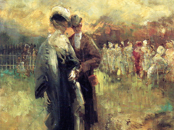 Pompeo Mariani, Attenti alle pozzanghere, 1904-1908. Olio su carta rintelata, 126,5 x 73,5 cm