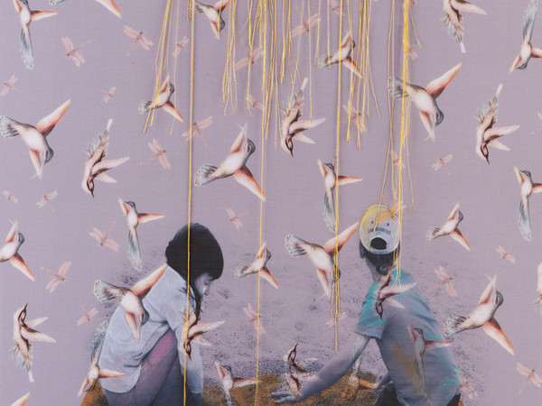 Florencia Martinez, Dream, 2014, stampa a getto d’inchiostro su cotone, olio, ricamo, cm 60x50