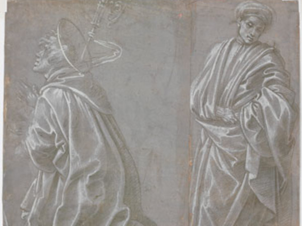Filippino Lippi, Studi per la figura di un Santo inginocchiato con un pastorale e per una figura in piedi con turbante. Punta metallica, con lumeggiature di biacca su carta preparata in colore grigio, mm 239 x 248. Firenze, Gabinetto Disegni e Stampe degli Uffizi, inv.171