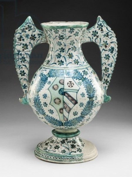 Manifattura di Montelupo, Vaso con stemma Medici-Orsini, 1469-1488 ca., Maiolica dipinta in blu, verde, verde chiaro, manganese, giallo