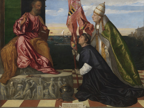 Tiziano Vecellio, Il Vescovo Jacopo Pesaro e Papa Alessandro VI davanti a San Pietro, 1511-1512, Olio su tela, 168x206 cm, Anversa, Koninklijk Museum voor Schone Kunsten