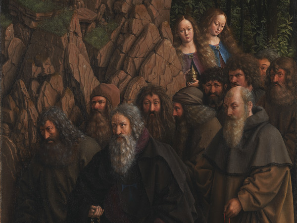Jan e Hubert van Eyck, L’Adorazione dell’Agnello Mistico, 1432, Dettaglio del pannello della Pala d'altare di Gand aperta con gli Eremiti, Dopo il restauro, Olio su tavola, Gand, Cattedrale di San Bavone | Courtesy of Saint-Bavo’s Cathedral Ghent © Lukasweb.be-Art in Flanders vzw | Photo: KIK-IRPA