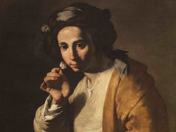 Collezione De Vito, Maestro dell'annuncio ai pastori (Juan Dò?), Giovane che odora una rosa, 1640-1645 circa, Olio su tela, 79 x 104 cm