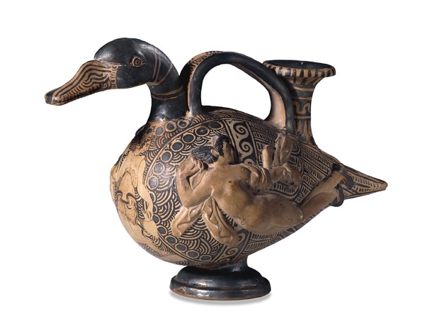 Askòs a forma di anatra, 350?325 AC (da Vulci), ceramica decorata. Londra, British Museum