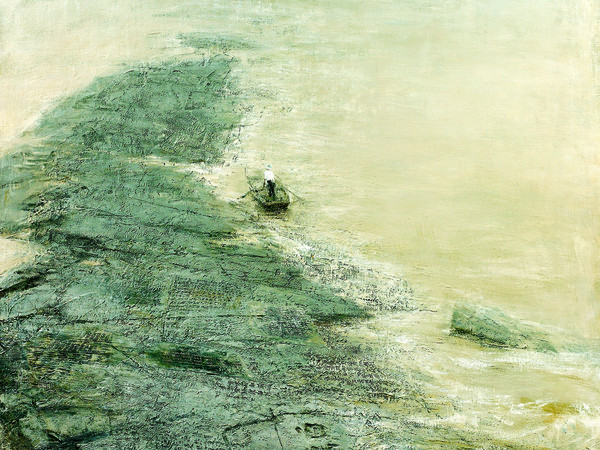 Zhong Han, Acque del fiume e libri di pietra (Baiheliang), 2004, Pittura ad olio e materiale vario, 130 x 190 cm