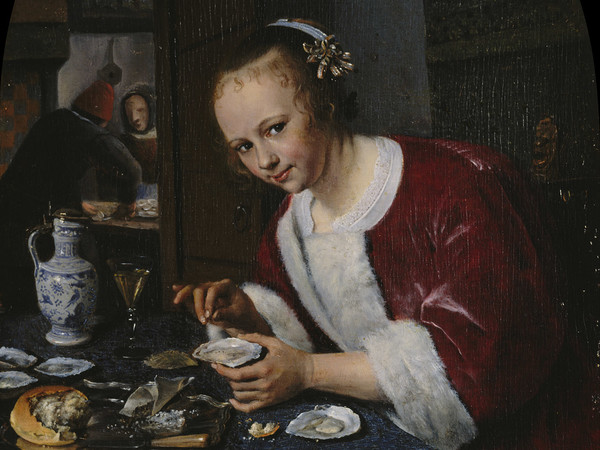 Jan Steen, Ragazza che mangia ostriche, 1658-1660 circa, olio su tavola (arrotondata in cima), cm 20,5 x 14,5. L’Aia, Gabinetto reale di pitture Mauritshuis dono di Sir Henri W.A. Deterding, Londra, 1936. © L’Aia, Gabinetto reale di pitture Mauritshuis