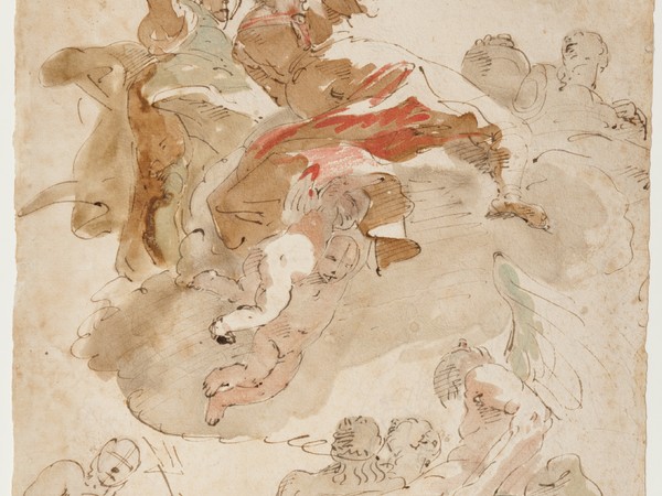 Giambattista Tiepolo, L’Olimpo, penna e inchiostro bruno, inchiostro diluito bruno, con tracce di pietra rossa e tempere verde-azzurra e rossa, mm 357x265. Firenze, Museo Stefano Bardini