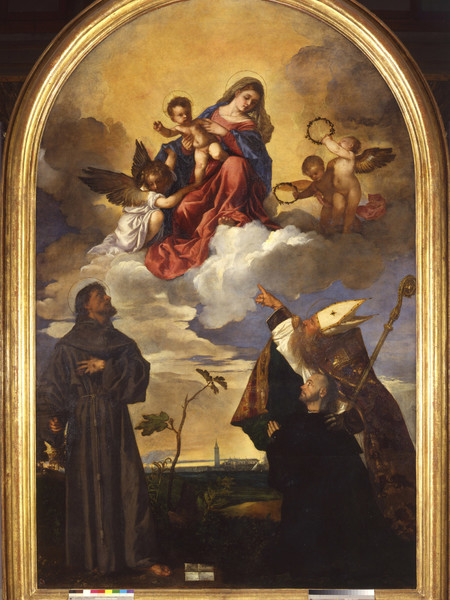 Tiziano Vecellio, Vergine con il Bambino in gloria, con i santi Francesco e Biagio e il donatore Alvise Gozzi, 1520, Olio su tavola