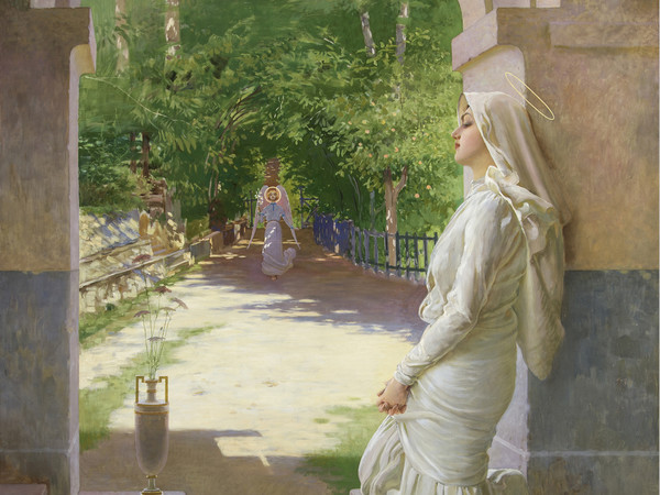 Vittorio Corcos, Annunciazione, 1904, olio su tela, cm 220 x 180. Fiesole, Convento di San Francesco, Provincia Toscana di San Francesco Stimmatizzato, Ordine dei Frati Minori