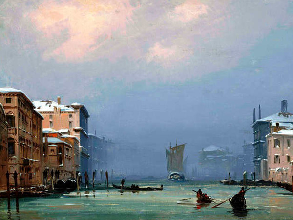 Ippolito Caffi, Venezia, Neve e nebbia in Canal Grande, 1842, Olio su cartoncino intelato,  41.5 x 26.5 cm, Fondazione Musei Civici di Venezia