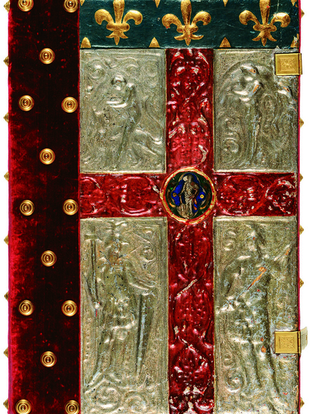 Vangeli per il giuramento dei Priori, Secoli XIV-XVI, Legatura con decori a pastiglia su entrambi i piatti, nei colori argento, oro, azzurro e rosso, su assi di legno