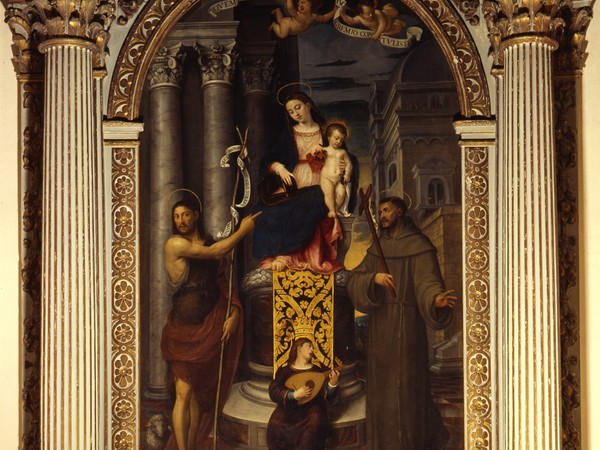 Francesco Beccaruzzi, Madonna con il Bambino in trono e i santi Giovanni Battista e Francesco d’Assisi, olio su tela, Conegliano, Oratorio di Santa Maria delle Grazie