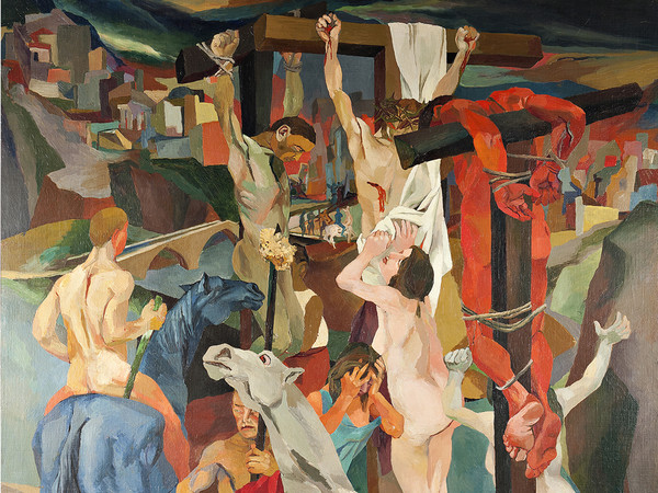 Renato Guttuso, Crocifissione, 1940-1941 olio su tela, cm 198,5 x 198,5. Roma, GNAM - Galleria Nazionale d'Arte Moderna e Contemporanea, inv. 8549. Soprintendenza alla Galleria nazionale d’arte moderna e contemporanea di Roma. Su gentile concessione del Ministero dei Beni e delle Attività Culturali e del Turismo – Foto Antonio Idini © Renato Guttuso, by SIAE 2015