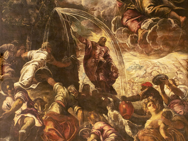 Tintoretto, Mosè fa scaturire l'acqua dalla roccia, 1577 circa, Sala Capitolare Scuola Grande di San Rocco, Venezia, Olio su tela, 520 x 550 cm | © Scuola Grande di San Rocco e Chiesa di San Rocco | Courtesy of Sky Italia s.r.l. Tintoretto – Un Ribelle a Venezia e Sky Arts Production Hub 2019