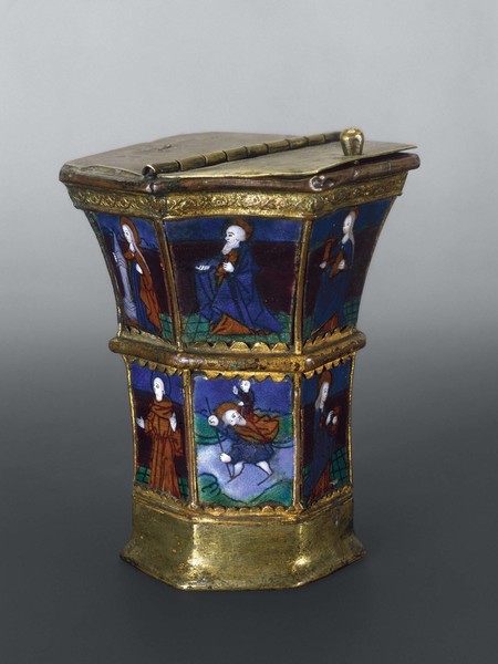 Maestro sconosciuto, Acquasantiera con “Santi” e scena delle “Lamentazioni”, Francia, Limoges, XV-XVI secolo, Rame, smalto dipinto, ottone, alt. 13,5 cm, San Pietroburgo, Museo Statale Ermitage