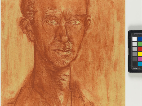 Ugo Guidi, Autoritratto, 1960, sanguigna su carta, cm 48,8 x 37. Firenze, Deposito del Gabinetto dei Disegni e Stampe degli Uffizi