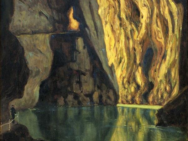 Ugo Flumiani, Grotte di San Canziano. La Grotta Michelangelo, Primo quarto XX secolo, Olio su tavola, 97 X 62.5 cm, Trieste, Società Alpina delle Giulie Sezione di Trieste del C.A.I