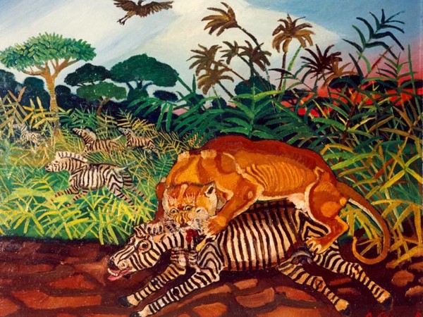 Antonio Ligabue, Leonessa che azzanna una zebra, 1950-55, olio su faesite, 72 x 88 cm.