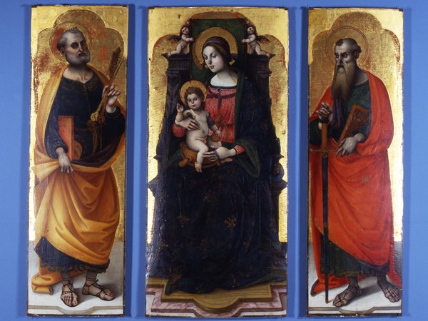 Amiens, Musée de Picardie | Stefano Sparano, (Documentato a Napoli e nel Regno dal 1506 al 1544-45), Pala d'altare: Annunciazione e Compianyo sul Cristo morto, Vergine con il bambino San Pietro e San Paolo, Il Sangue del Redentore circondato da dodici santi a destra e a sinistra, 1508-1509 circa, Tempera e fondo d'oro su legno di pioppo, 208 x 333 cm, Amiens, Musée de Picardie | © Musée de Picardie (Amiens) / Photo Marc Jeanneteau
