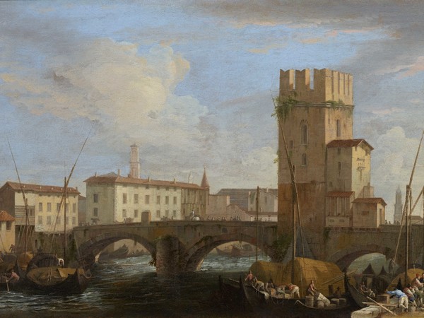 Luca Carlevarijs, Veduta di Verona nei pressi del Ponte Navi, 1720 circa, Olio su tela, 102.2 x 52.6 cm, Collezione Intesa Sanpaolo, Gallerie d'Italia - Palazzo Leoni Montanari, Vicenza