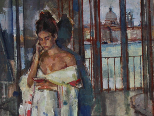 Geoffrey Humphries, Kimono and Red Wine, Giudecca Studio, Olio su tela (Particolare), 70 x 100 cm | Courtesy of the Artist and The Osborne Studio Gallery, London