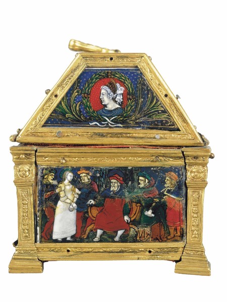 Bottega di Penicaud, Scrigno con “Scene della vita di Santa Margherita”, Francia, Limoges, XVI-XIX secolo, Rame dorato, smalto dipinto, bronzo, legno, 11,3x17,5x9,5 cm, San Pietroburgo, Museo Statale 
