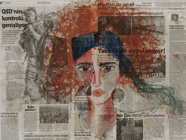 Zehra Doğan, Özdinamik, Auto-dinamica, 2017, Carcere di Diyarbakir, penna a sfera, caffè, curcuma, succo di prezzemolo su giornale, 67 x 56 cm | Foto: Jef Rabillon
