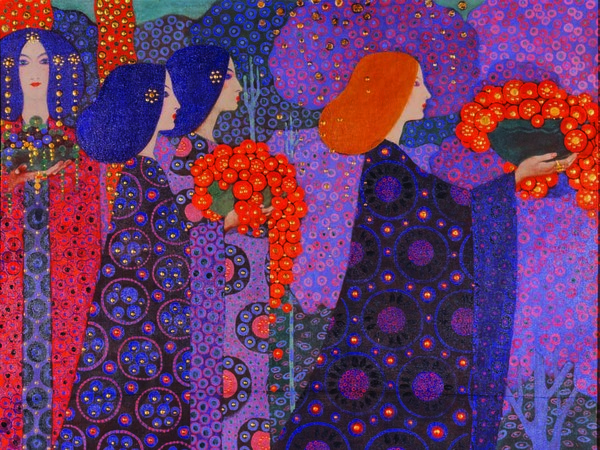 Vittorio Zecchin, Corteo delle principesse (pannello del ciclo Le millee una notte), 1914, Olio e stucco dorato su tela, 171 × 143 cm, Venezia, Fondazione Musei Civici di Venezia, Galleria Internazionale d’Arte Moderna di Ca’ Pesaro |© 2016. Archivio Fotografico - Fondazione Musei Civici di Venezia