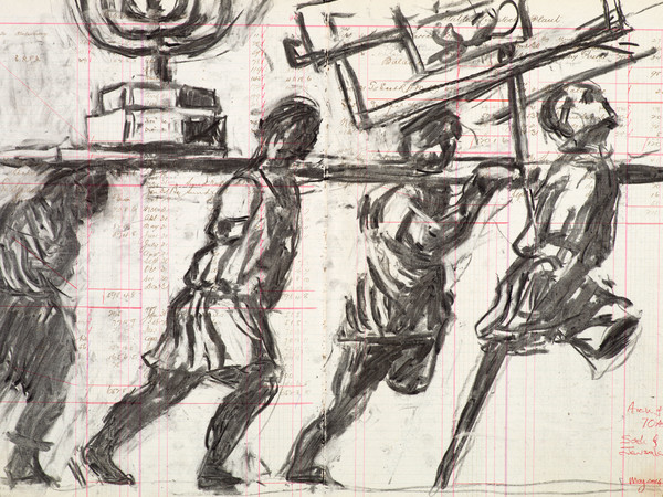 William Kentridge, Drawing for Triumphs & Laments (#14), 2014, Charcoal on Ledger pages, 63x83x4 cm (framed)| © William Kentridge, Photocredit Thys Dullaart, Courtesy Lia Rumma Gallery, Milan/Naples