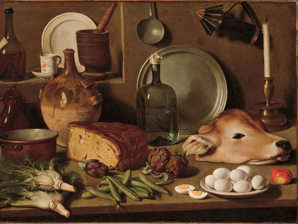 Carlo Magini (Fano 1720-1806), Natura morta con verdura, pane, testa di vitello e oggetti da cucina, 1760-1800 circa, olio su tela.