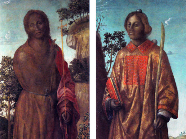 Vincenzo Foppa, San Giovanni Battista e Santo Stefano, olio su tavola, 160 x 60 cm, Brescia, collezione Ubi Banco di Brescia.